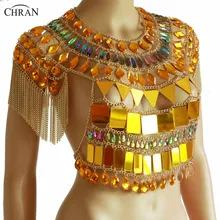 Chran Gold Tassels Sequin Chain Crop Top Classic Chainmail Bra Body Chain Sexy Showgirls Rave Outfit chran gem bead crop top chainmail rave bra black chain shoulder necklace ibiza sonar wear edm outfit body jewelry chain crn2801