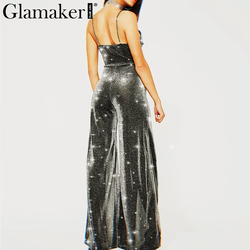 Glamaker Birght yarn side split sexy jumpsuit Women v neck backless jumpsuit rompers Spring elegant streetwear playsuit overalls