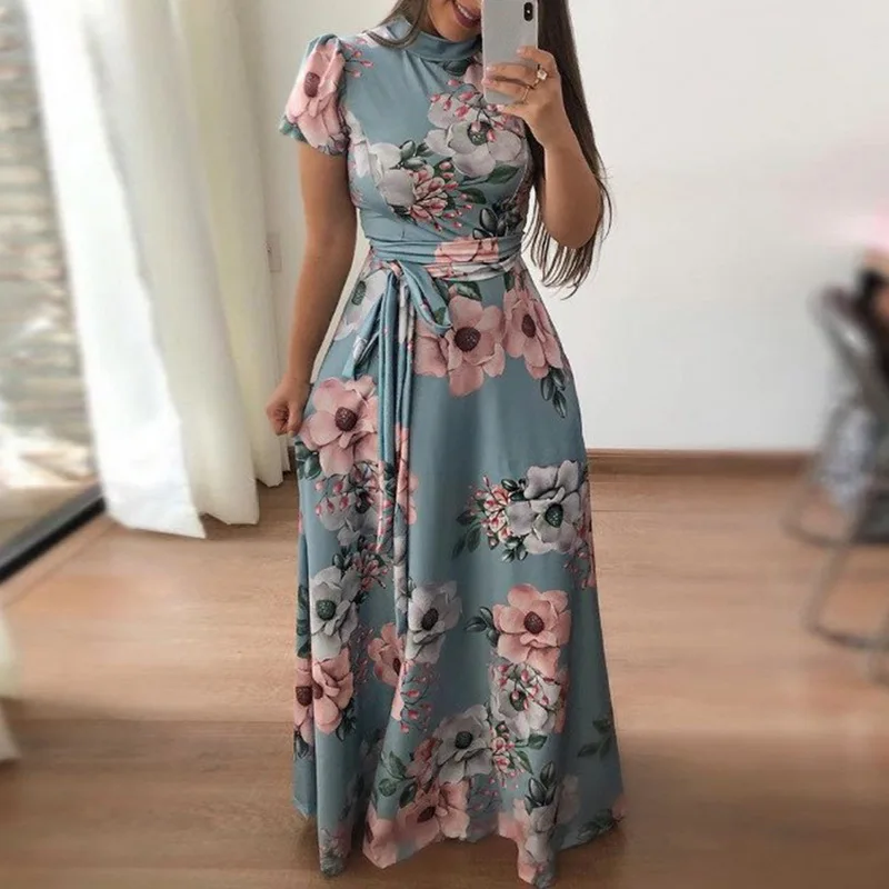 

LAAMEI Women Long Maxi Dress 2019 Summer Floral Print Boho Beach Dress Casual Short Sleeve Bandage Party Dress Vestido Plus Size