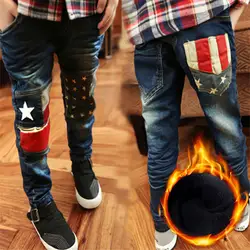 Новая коллекция детских джинсов повседневные зимние джинсы штаны для мальчиков теплые штаны из хлопка джинсовые штаны для мальчиков