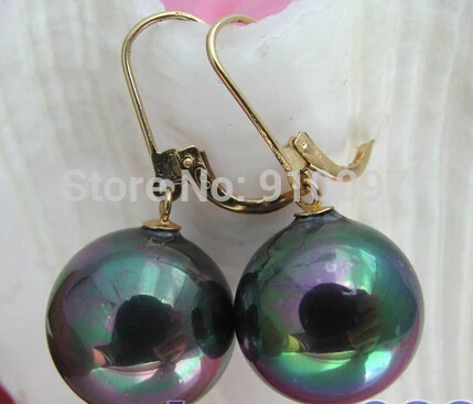

>>>16mm round Tahitian black shell pearl dangle earring