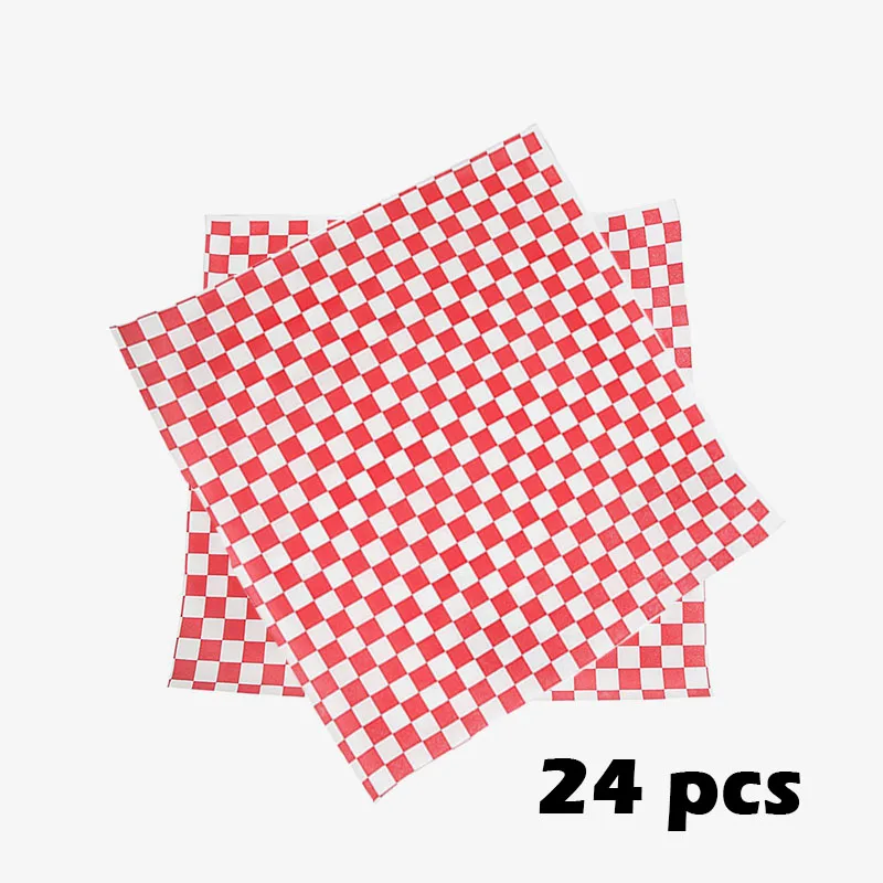 24pcs Black Checkered Wrapping Paper Red Oil Proof Baking Wax Paper For Bakery Hamburger Fries Foods Package Sheet 12''
