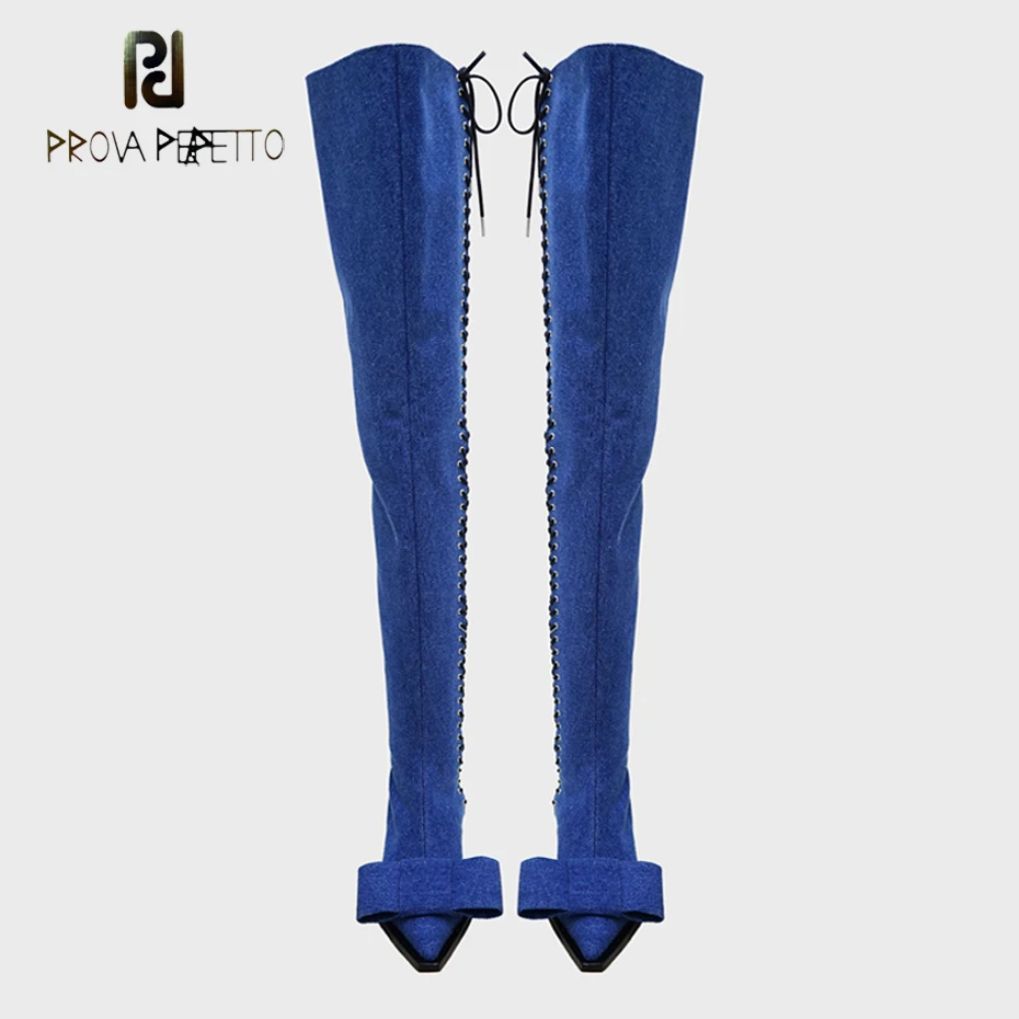 

Prova Perfetto euramerican runway style over the knee boots butterfly knot pointed toe strange heel thigh high boots cross tied