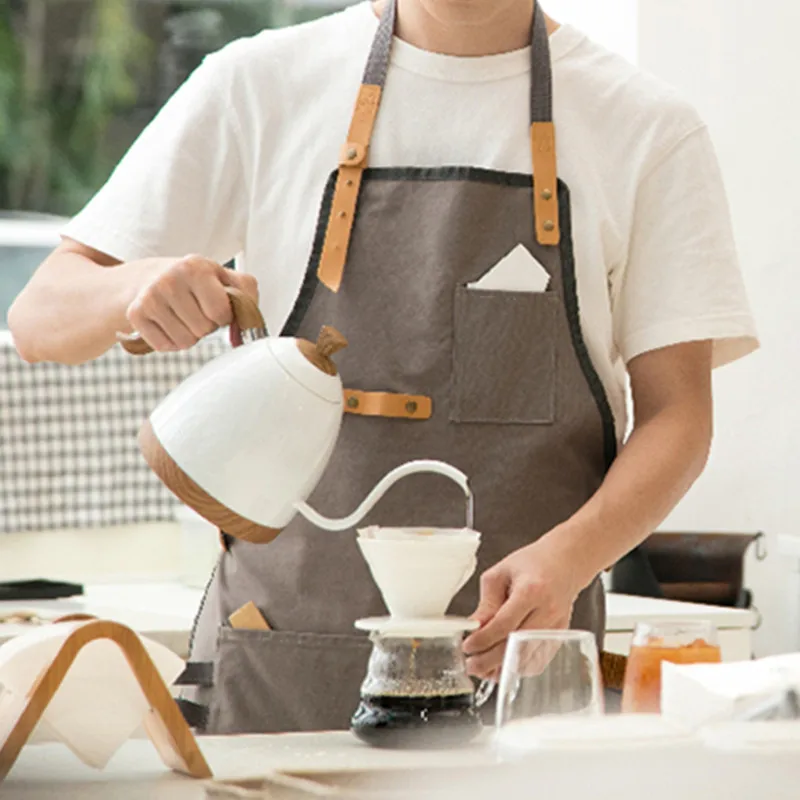 

Long Gray Khaki Black Cotton Apron Barista Cafe Bistro Baker Waitress Catering Uniform Painter Florist Artist Work Wear B32