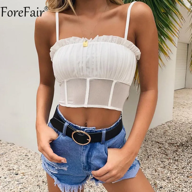 

ForeFair Crop Top Women Mesh Ruffles Summer Sleeveless Short Tops Black White Sexy Tank Top Backless Streetwear Casual Ladies