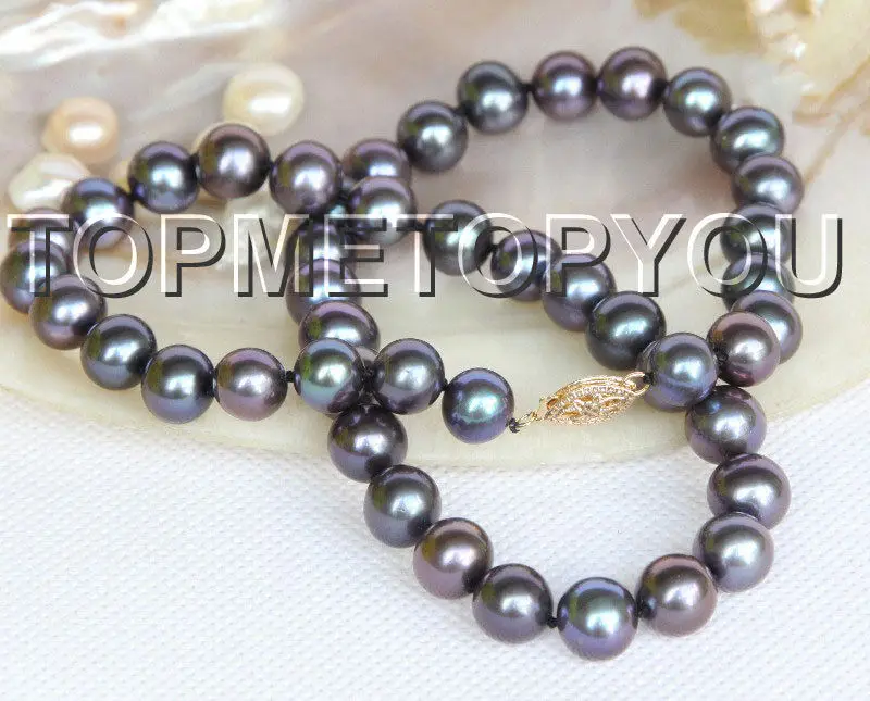 

Free Shipping >> new hot 17" luster 10mm black round pearls necklace 14K gold clasp E3687