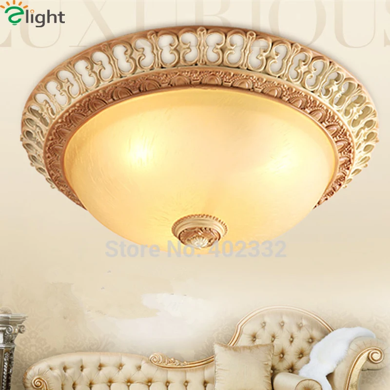 Retro Europe Carved Resin Foyer E27 LED Ceiling Light Simple Pastoral Frosted Glass Bedroom Led Ceiling Lamp Loft Led Lighting