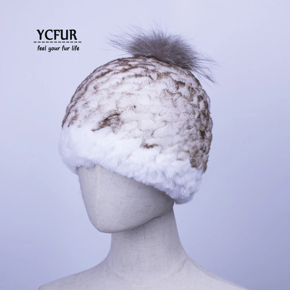 

[YCFUR] Women Hats Caps Winter Warm Soft Knit Rex Rabbit Fur Beanies Hats Fox Fur Pom Hat Cap For Women