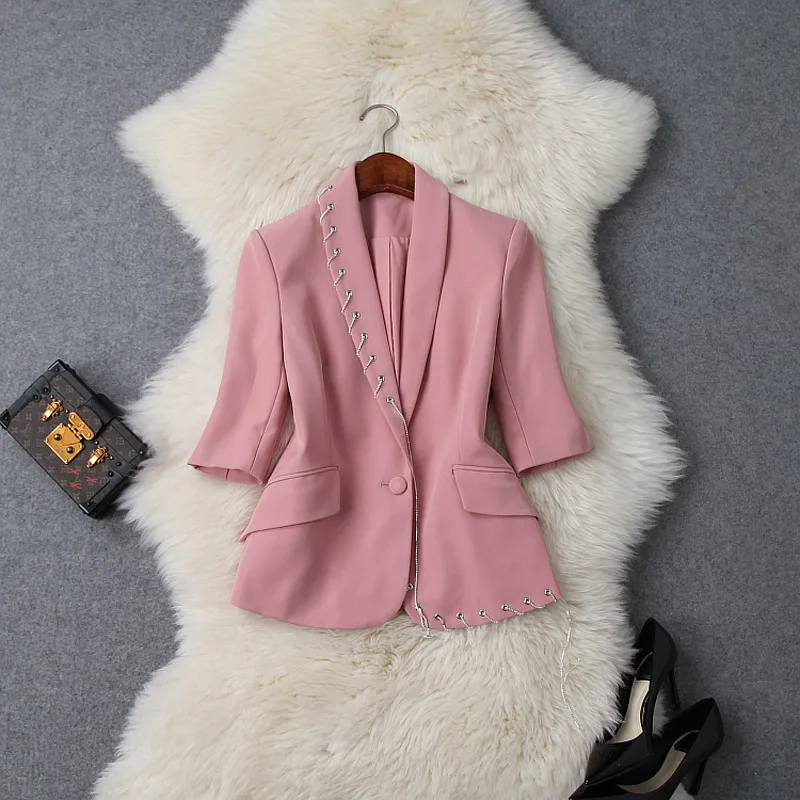 

Blazer Women 2019 Spring Summer New Shawl Collar Chain Half Sleeves Single Button Career Small Jacket Female S-XL