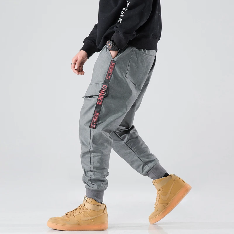 

April MOMO 2019 Side Pockets Harem Pants Men Grey Cargo pants Casual Male Elastic Waist High Quality Joggers Ripped Sweatpants