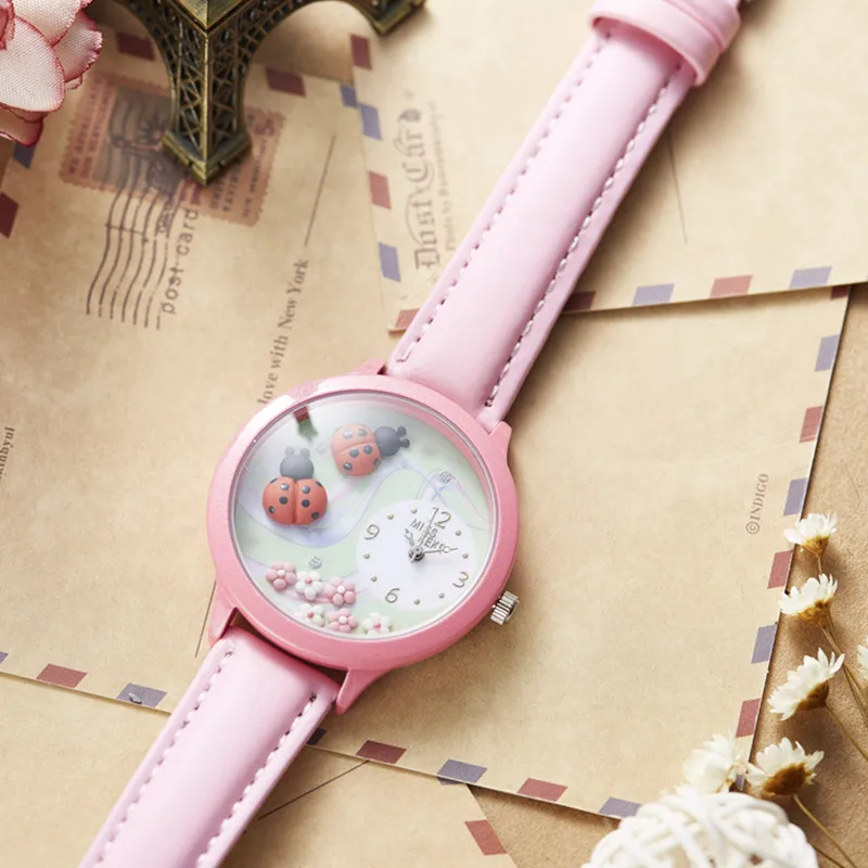 MISS KEKE Geneva глина керамические 3D ручной работы Septempunctata божья коровка часы Дети Девочка Розовый кожаный кварцевые наручные часы 817A