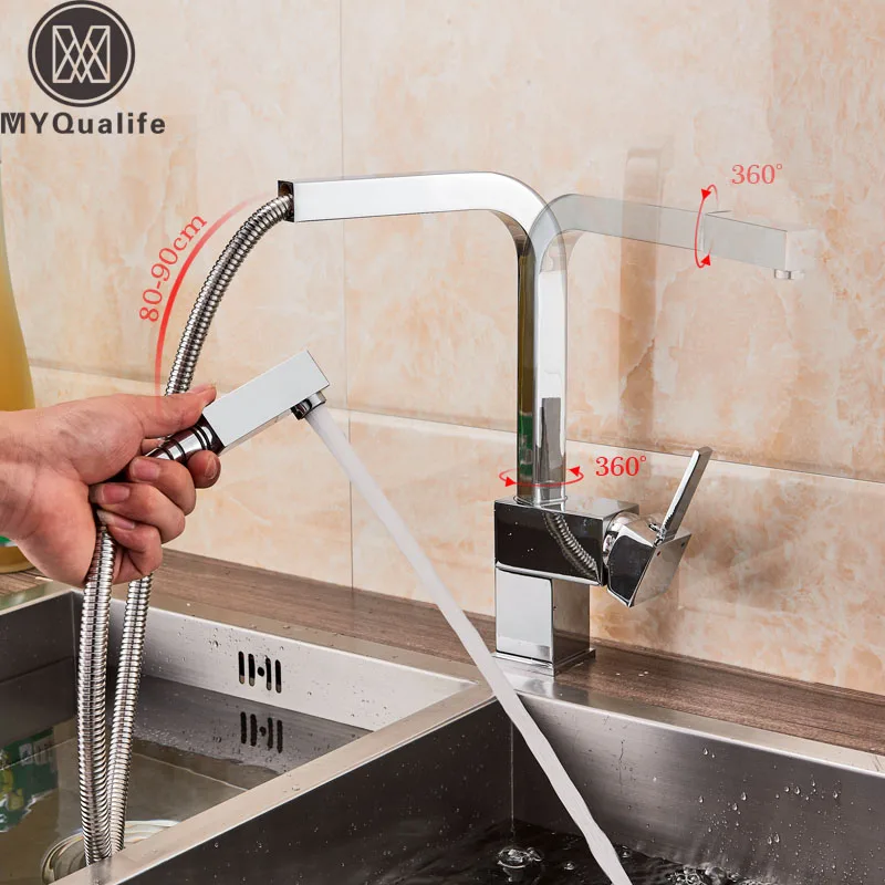Bright Chrome Pull Out Kitchen Faucet Square Brass Kitchen Mixer Sink Faucet Mixer Kitchen Faucets Pull Down Kitchen Tap new design chrome pull out kitchen faucets copper pull down kitchen tap mixers torneiras