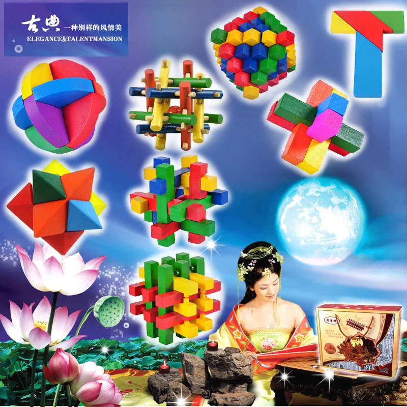 10PCS/LOT Multi Color Wood Puzzle Toys Classic IQ 3D Wooden Interlocking Burr Puzzles Mind Brain Teaser Game Toy Adults Children