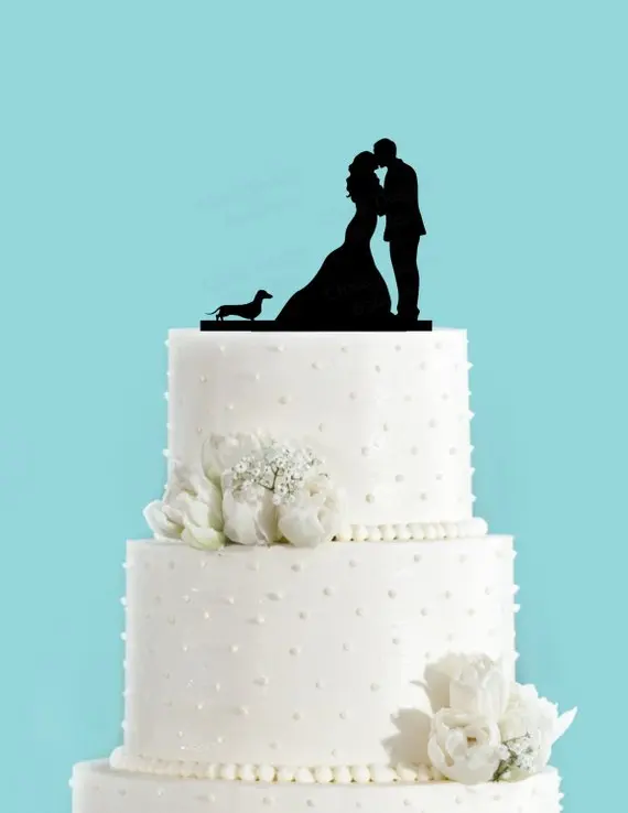 Свадебная пара, целующиеся с таксой, собака, акриловый Свадебный Топпер для торта, жених и невеста, топпер для торта, вечерние украшения для торта