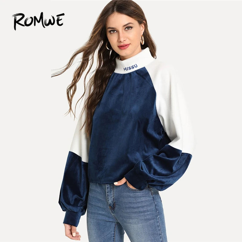 

ROMWE Colorblock Bishop Sleeve Letter Embroidery Sweatshirt Women Clothes 2019 Autumn Womens Fashion Casual Sweatshirts Pullover