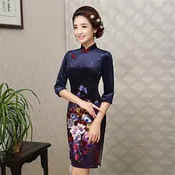 Средний рукав бархат Для женщин китайское традиционное платье Вышивка женские платье Чонсам короткие Qipao для Вечеринка платье 89