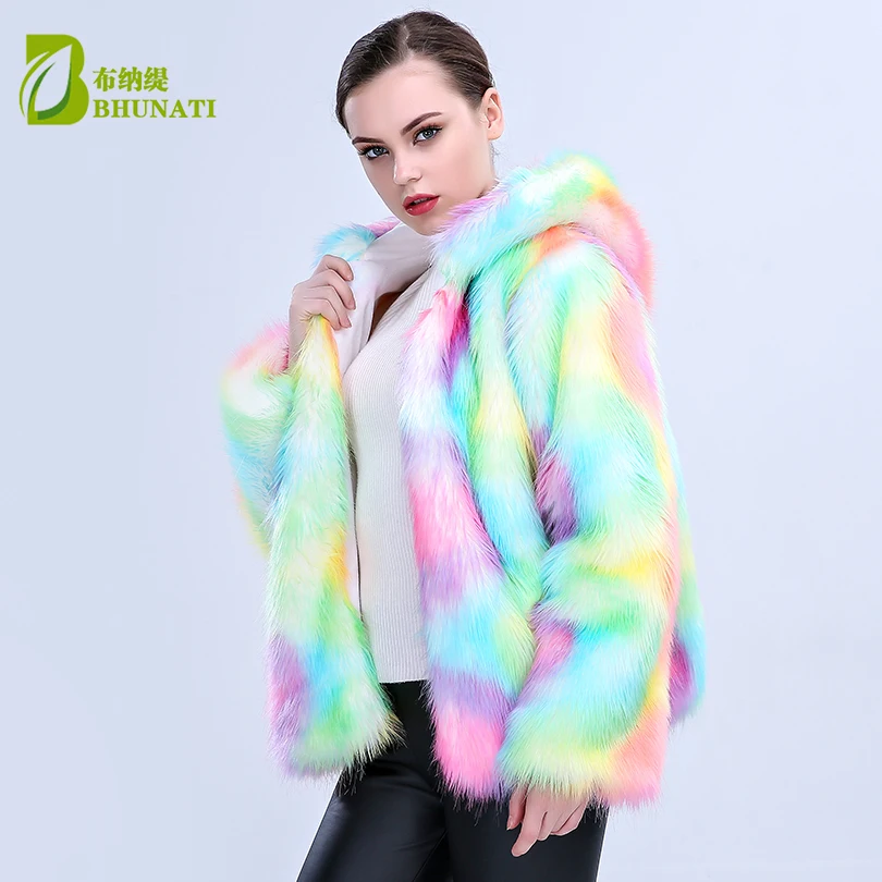 new arrival Women Colorful Faux Fox Fur Coat with Hooded Multicolor Long sleeve Artificial Fur Coats Jacket