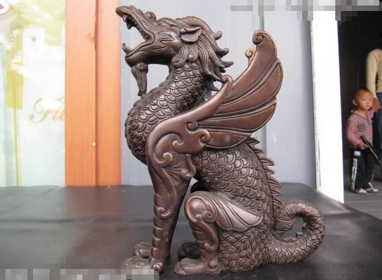 

USPS to USA S0154 Chinese royal Pure Bronze Copper talisman Foo Dog kylin Fly Dragon beast Statue B0401