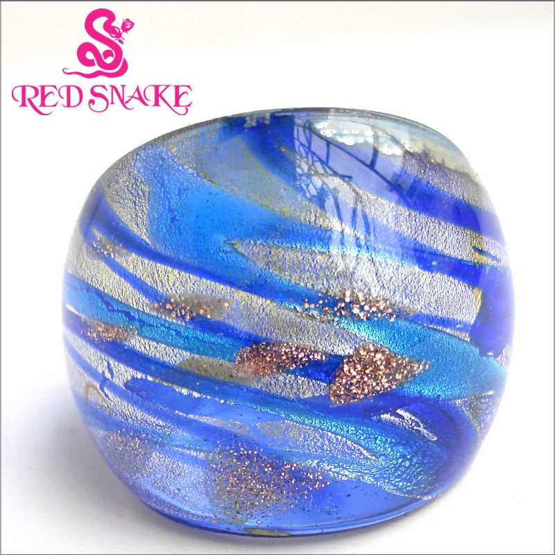 

RED SNAKE Fashion Ring Pure Handmade silver foil with double blue color line Murano Glass Rings