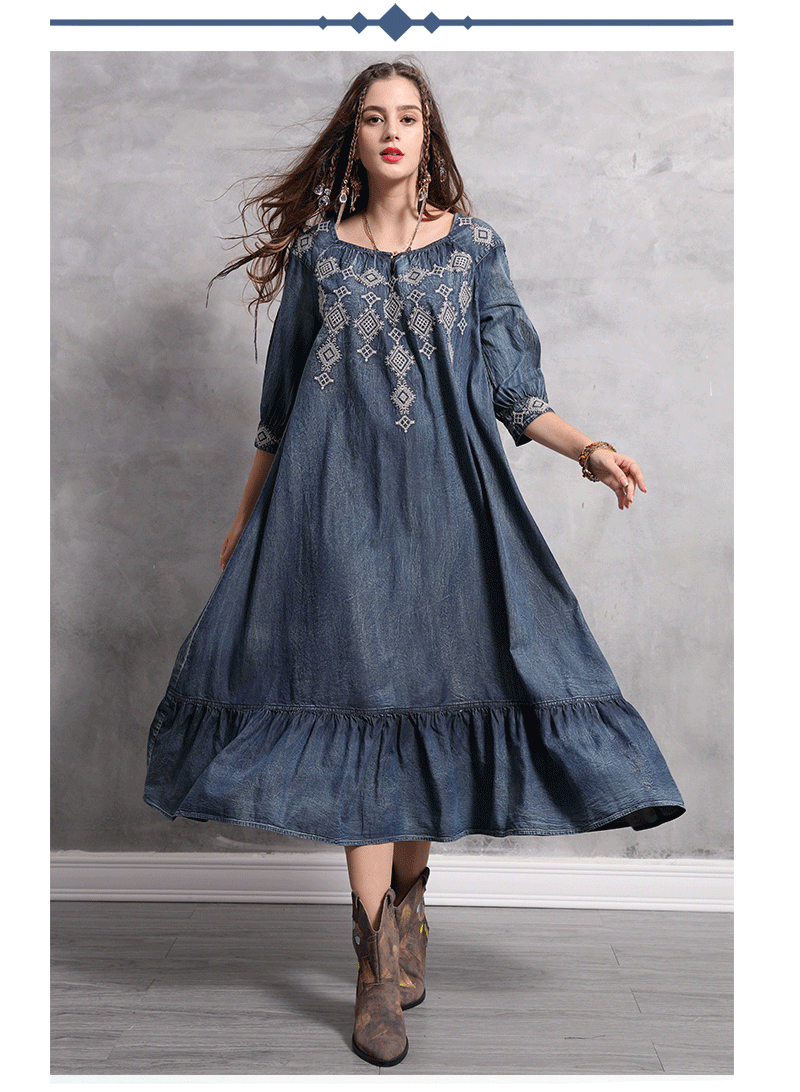 Женское платье, новинка, Yuzi. may, Boho, джинсовые женские платья, круглый вырез, половина рукава, а-силуэт, винтажная вышивка, свободные платья A82126