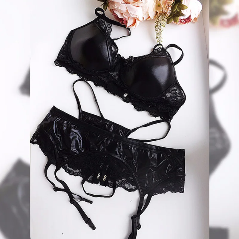 Wetlook Women Lingerie Set Fetish Faux Leather Underwear Strap Lace Bra Low Waist G-string Briefs Female Leather Lingerie Set (5)