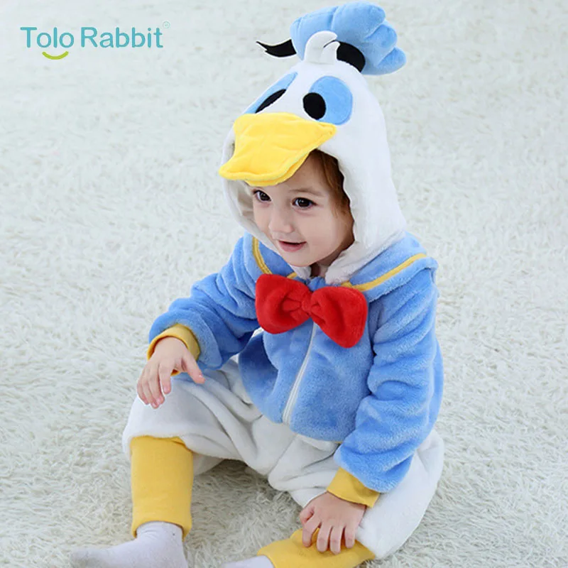 Baby Cartoon Rompers Newborn Hooded Toddler Clothing Boys Girls Minions Animal Jumpsuit Playsuit Costume Flannel Baby Rompers - Цвет: Donald Duck
