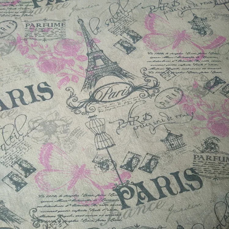 

50x150cm Cotton Linen Fabric DIY Craft Material Print Purple Pink Butterfly Rose Flower Black Eiffel Tower F514