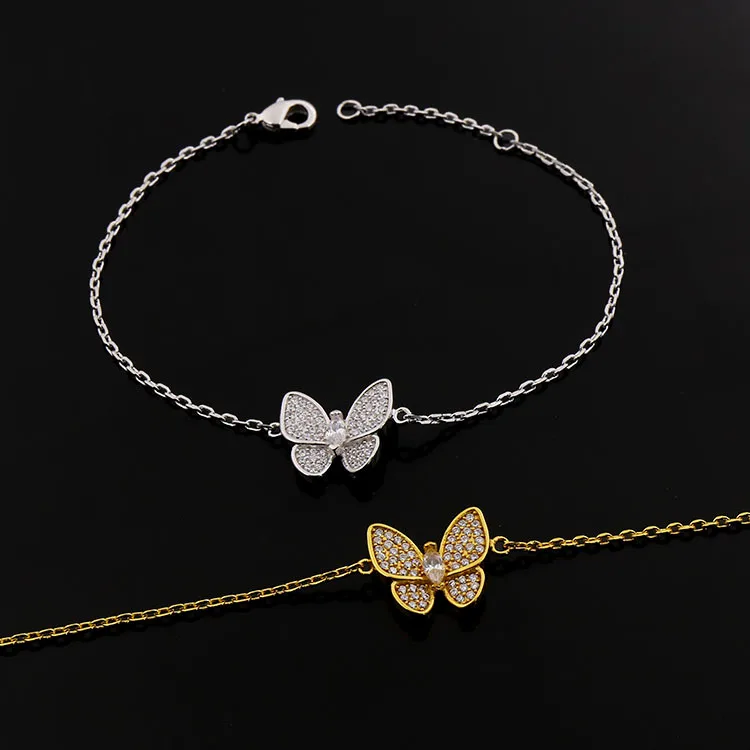 Billincolor золотой с крошечные заполненные кубического циркония Бабочка Шарм браслет-цепочка для женщин