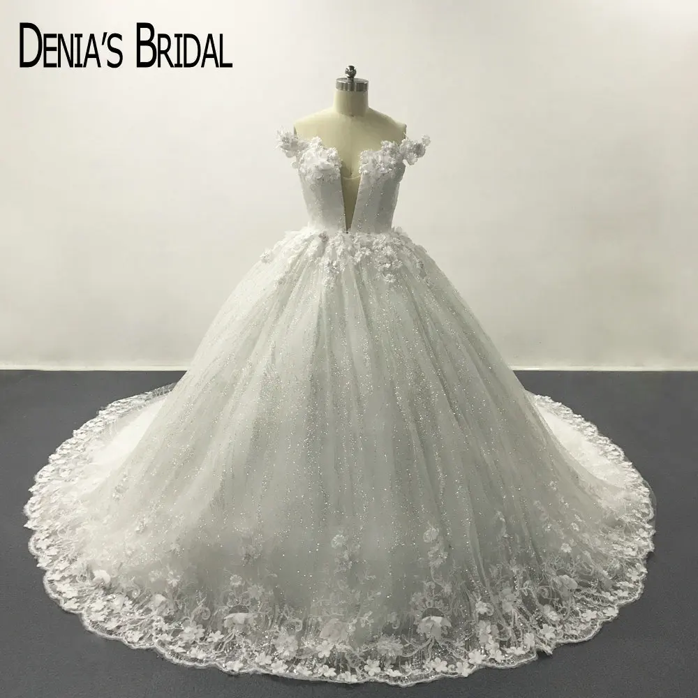 Белый Глубокий v-образный вырез кружева спинки бальное платье Свадебные платья с открытыми плечами цветы Часовня Поезд Длинные платья