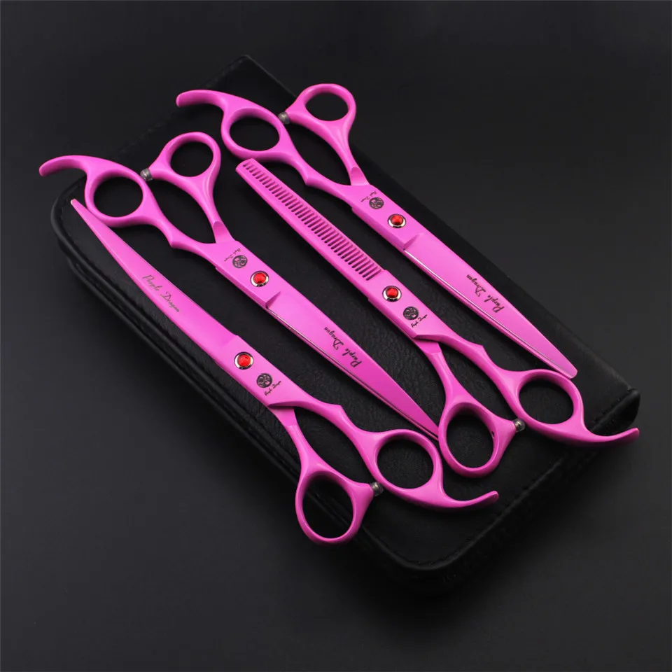 Professional Pet Grooming Scissors Sets 7.0 inch Pink Straight &amp Thinning Curved High Quality Shears 4pcs Set |