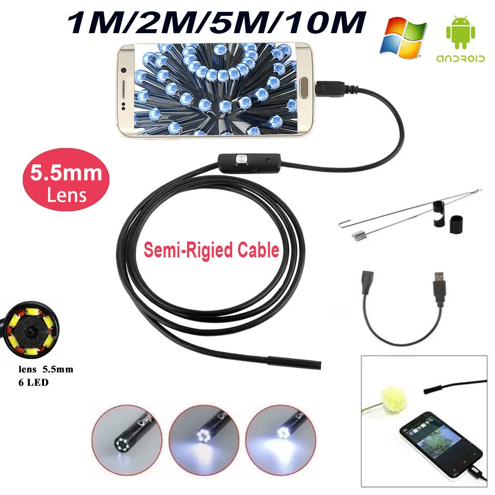 

1m 2m 5m 10m Semi-rigid USB Endoscope Camera 5.5MM IP67 Waterproof Snake Camera With 6 Led Windows Macbook PC Android Endoscope
