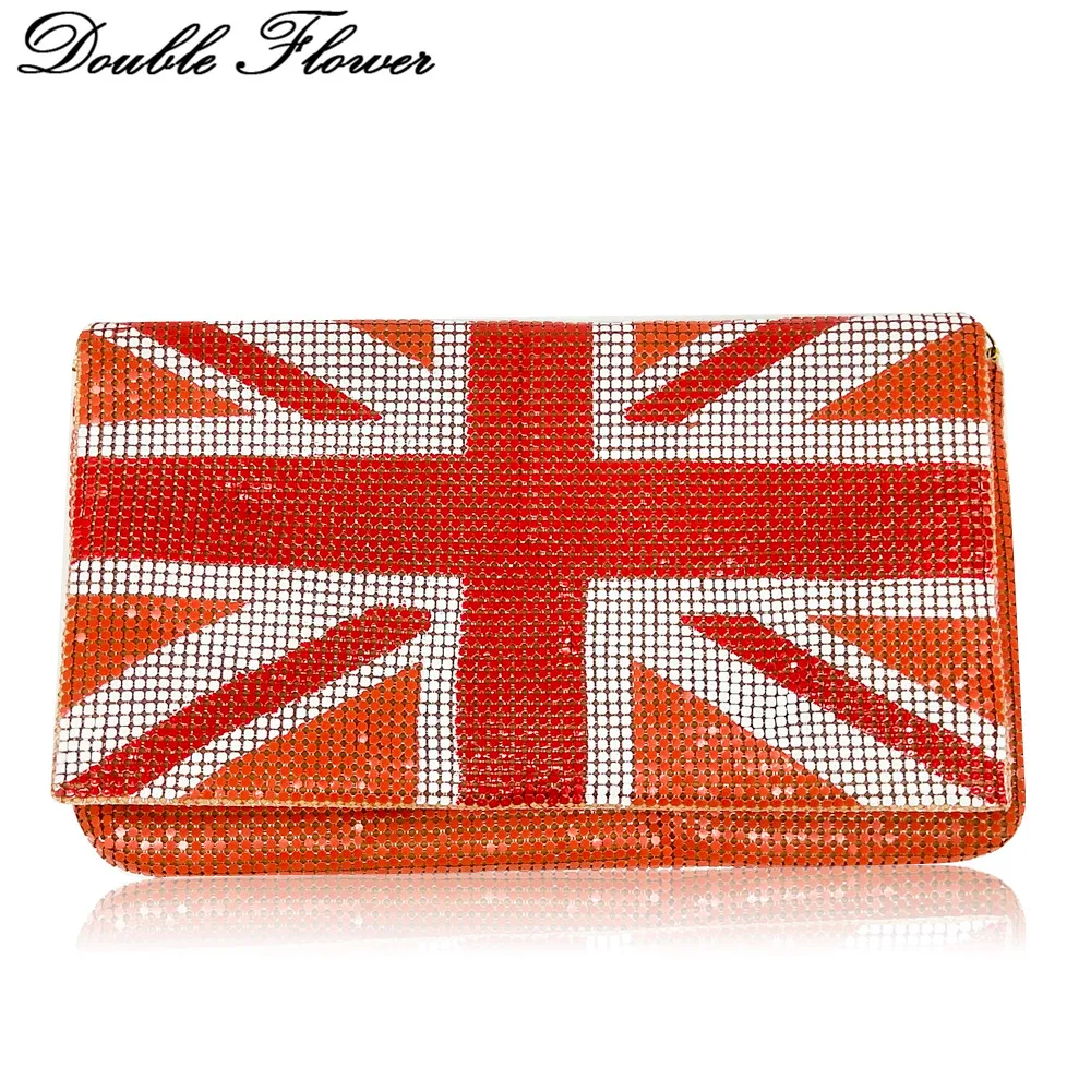 

Double Flower The Great Britain National Flag Aluminum Women Fashion Envelope Handbag and Purse Evening Party Day Clutches Bag