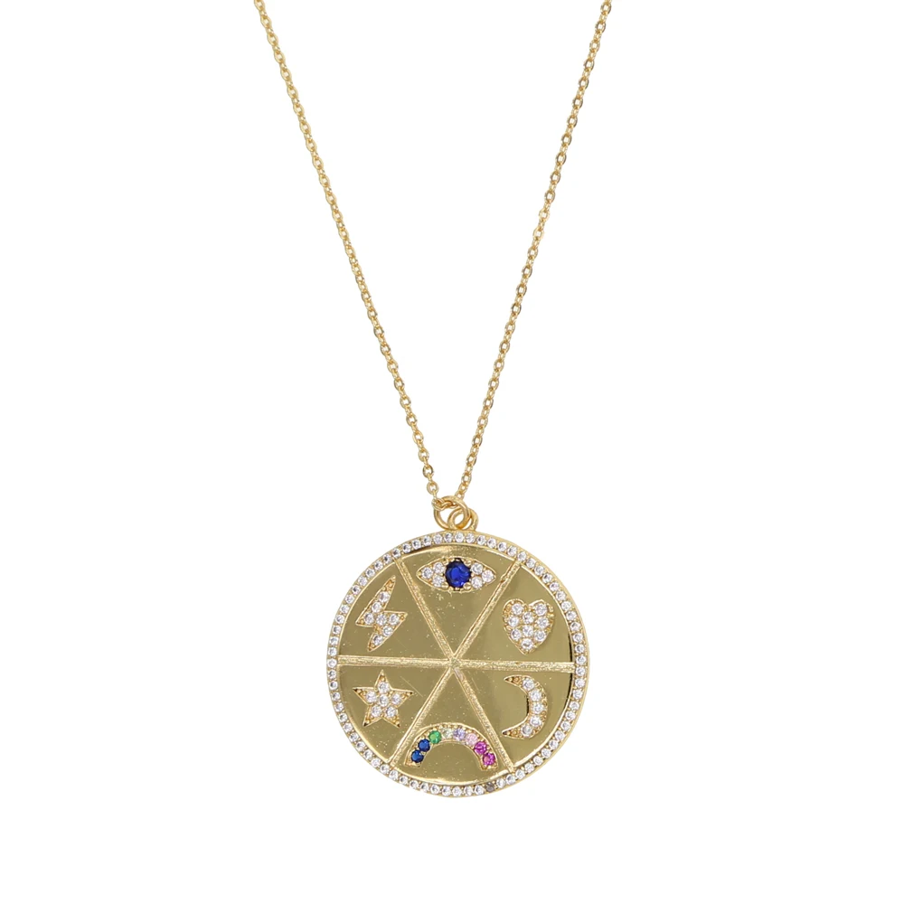

Round coin Pendant necklace for women charm rainbow cz disc engrave star moon lightning lucky eye heart trendy fashion jewelry