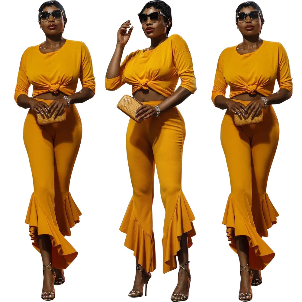 

2019 Spring And Autumn Women's New 2 Sets Of Irregular Ruffled Solid Color Suit Tops Plus Pants 2 Set Woman