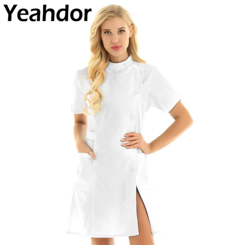 

Womens Mandarin Collar Short Sleeve Slanting Button Front Solid Color Dentist Hospital Nurse Scrub Lab Coat Uniform Dress Summer