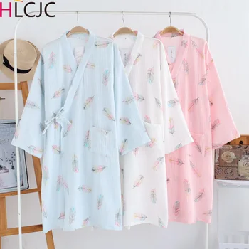 

Cute Feather Thin Breathable Kimono Robe Women 100% Crepe Cotton Pijama Home Wear Summer Long Sleeve Sleepwear Womens Pajamas