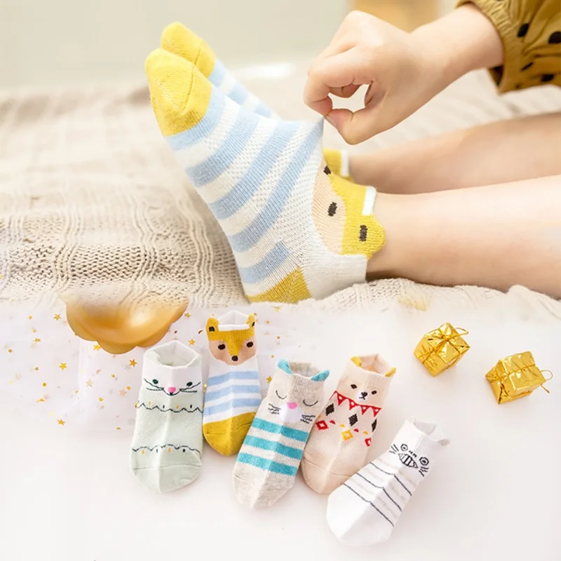 

socks 5 pairs Children Spring Summer Cute Mesh Breathable Cartoon Animal Print Casual Cotton Socks
