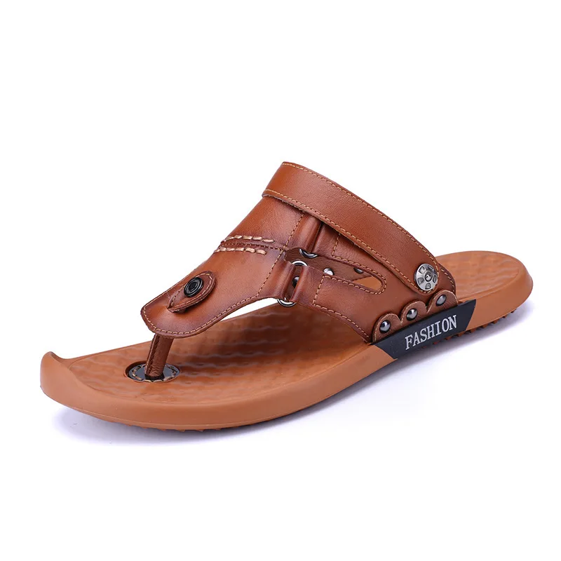

2019 New Summer Men's Sandal Cowhide British Loafers Youth Flip-flops Men's Slippers Genuine Leather Flip Flops