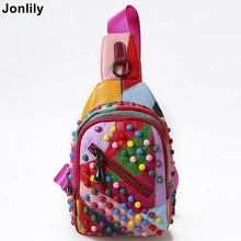 Jonlily Женский Досуг Слинг Груди Пакет PU кожа сумки через плечо личности заклепки панелями дизайн рюкзак-KG087