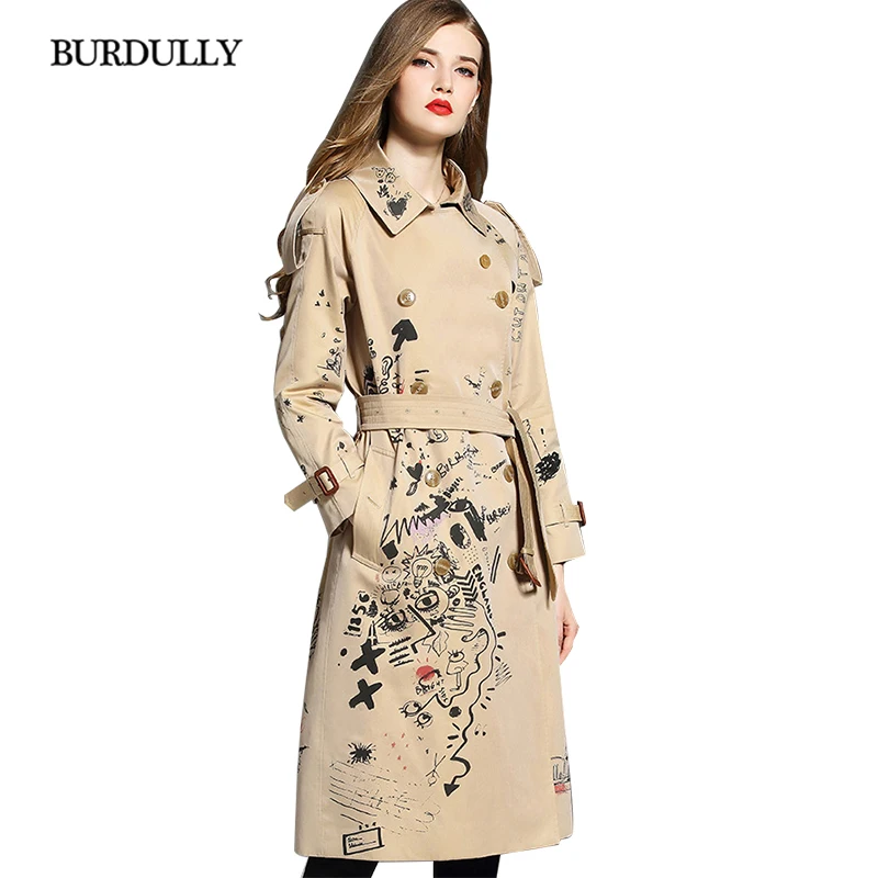 Goedkoop BURDULLY Herfst 2018 Nieuwe Stijl Geul Turn down Kraag Jas Voor Vrouwen Brede taille Fashion Graffiti Klassieke Dubbele breasted