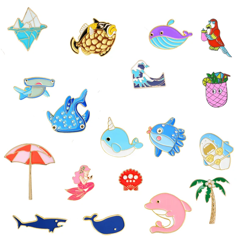 

Summer Seaside Vacation Sea Wave Iceberg Shark Dolphin Squid Whale Octopus Fish Beach Umbrella Shell Mermaid Brooches Pins