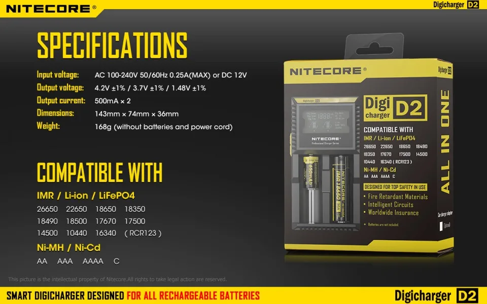 Nitecore D4 D2 I4 I2 Digi зарядное устройство lcd интеллектуальная схема глобальная страховка Li-Ion 18650 14500 16340 26650 зарядное устройство