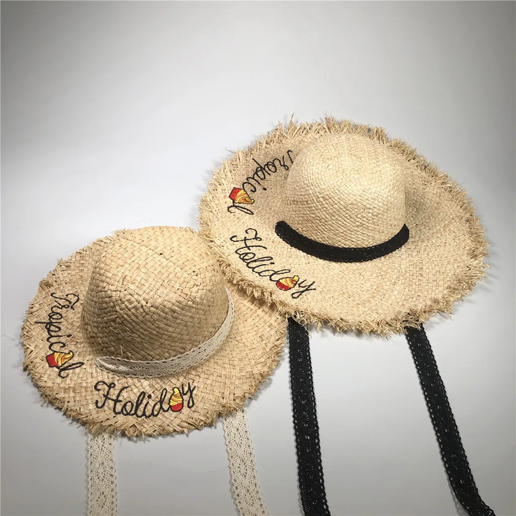 

Paper Weaving beach hat summer women Crushed Beach Embroidery Quote Floppy Edge Sun Hat zonnehoed dames casquette gorras#P7