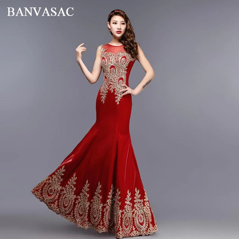 

BANVASAC 2018 Illusion O Neck Crystal Mermaid Long Evening Dresses Elegant Party Lace Appliques Tank Prom Gowns