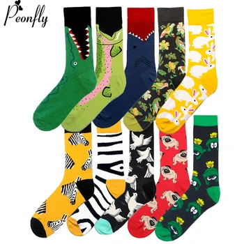 

PEONFLY Men Fashion Printing Cartoon Crocodile Shark Zebra Dog Sloth Koala Flower Bird Colorful Socks Soft Comfort Cotton Socks