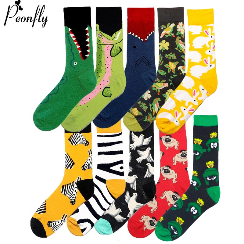 148 35 De Réductionpeonfly Hommes Mode Impression Dessin Animé Crocodile Requin Zèbre Chien Paresseux Koala Fleur Oiseau Coloré Chaussettes Doux