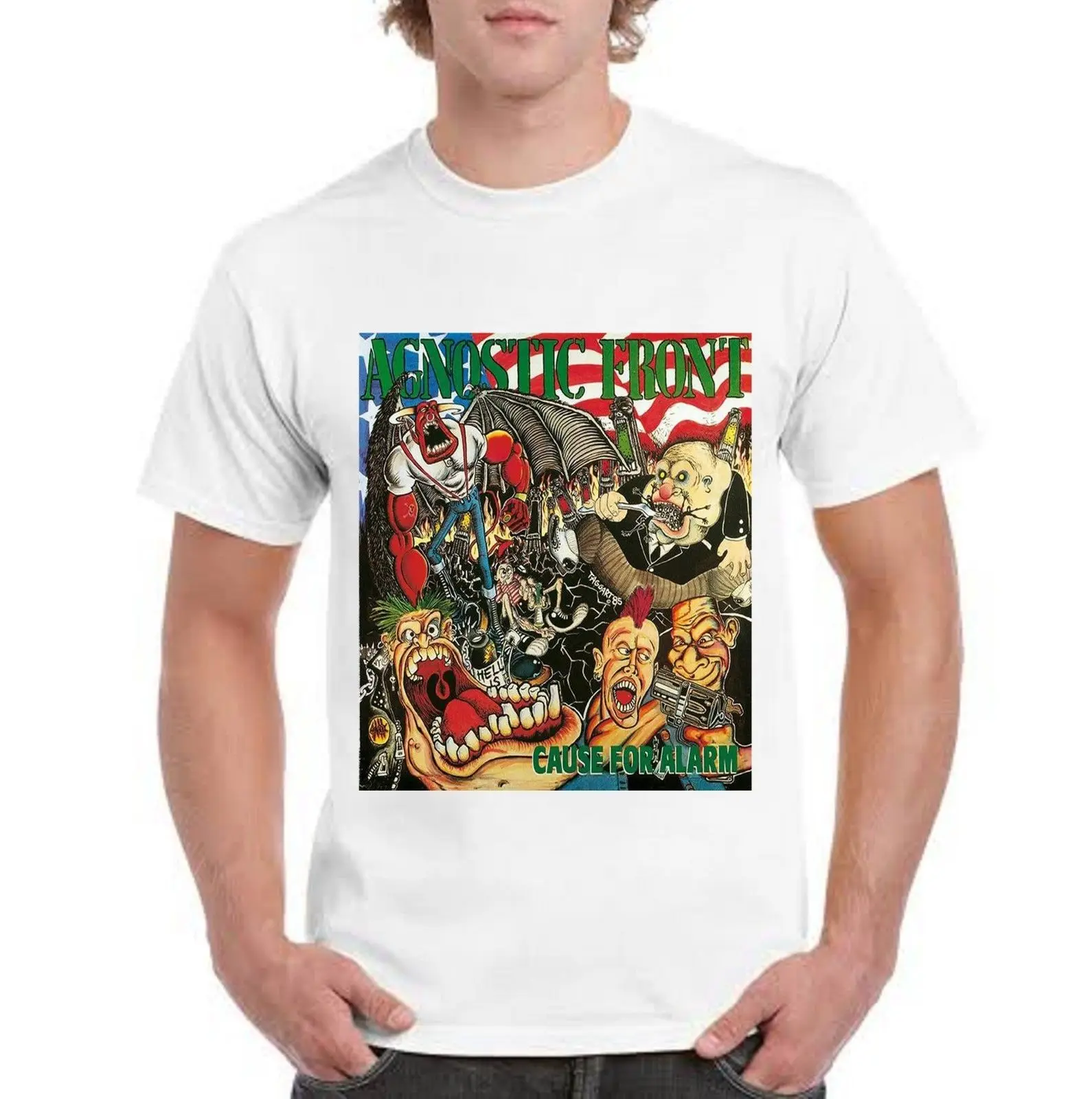 

Casual T-Shirt Vintage White AGNOSTIC FRONT Band BOX LOGO Cause for Alarm Men Summer Short Sleeves T Shirt TOP TEE PLUS SIZE