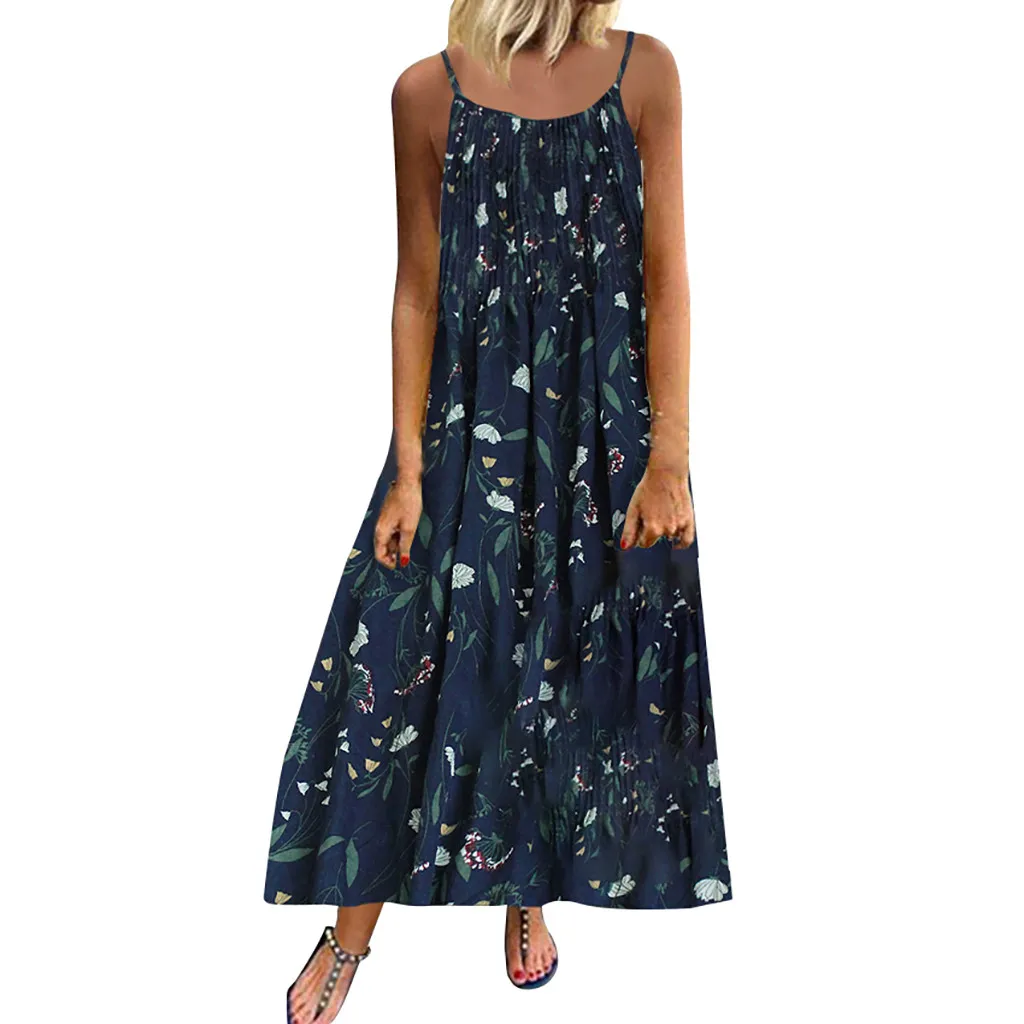 Women Vintage dress Bohemian Print Floral Sleeveless O-Neck Straps Maxi Dress dresses woman party night ladies dresses robe