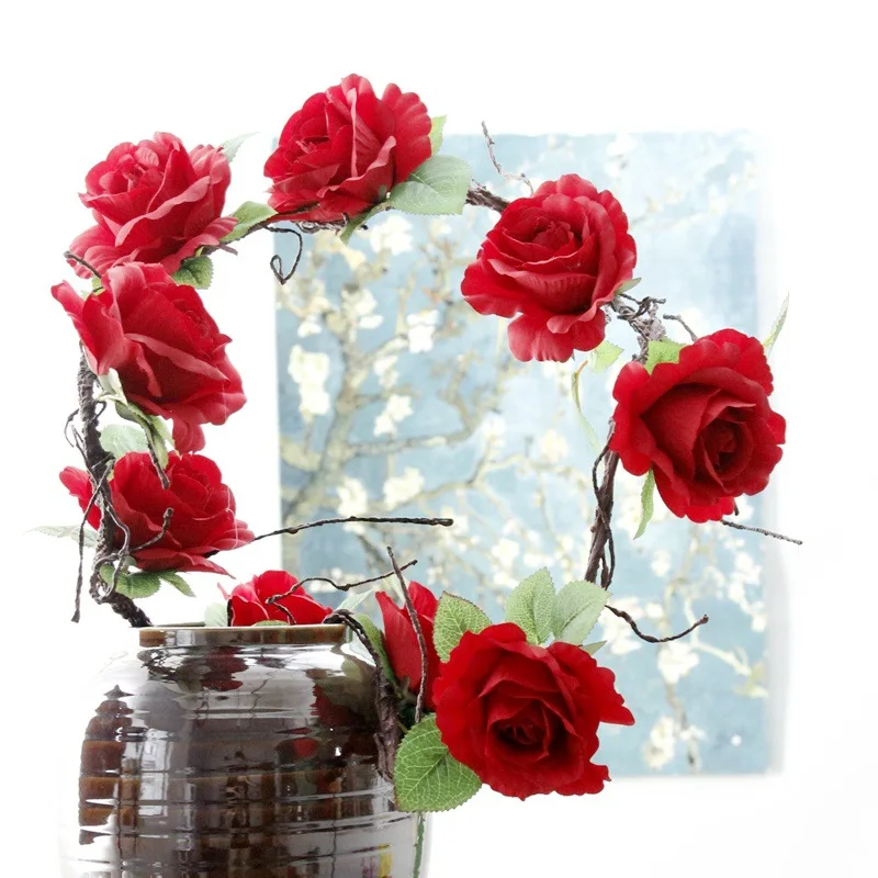 182CM Artificial Rose Flower Vine Silk Plant Fake Flower Wedding Arch Hotel Wall DIY Accessories Decoration for Home Party 1Pcs