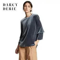 Darcydebie осень Для женщин модные блузки ленивый бархат многоуровневыми оборками Flare рукавом Грейс серая рубашка Топы